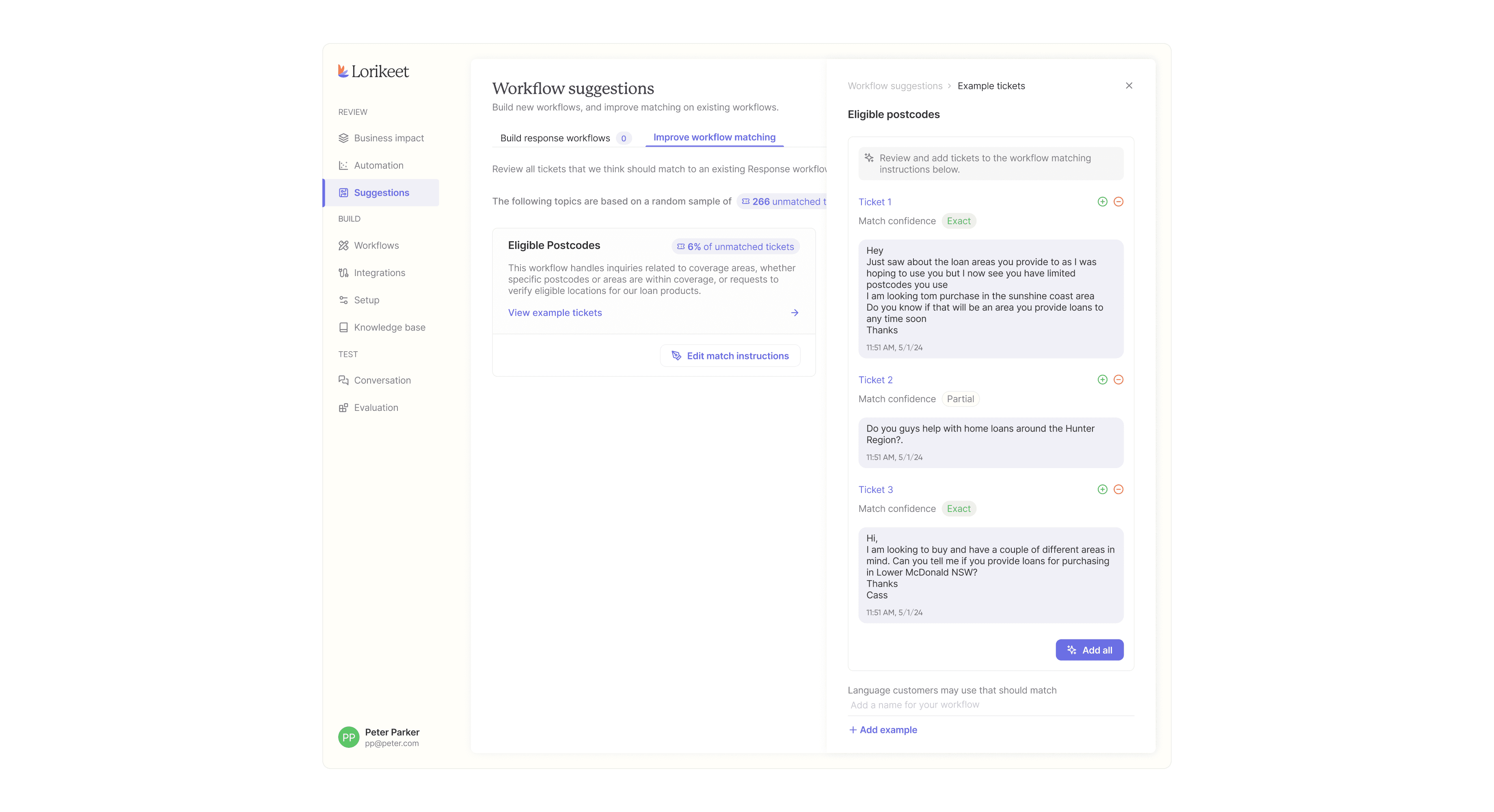 Workflow suggestions example tickets